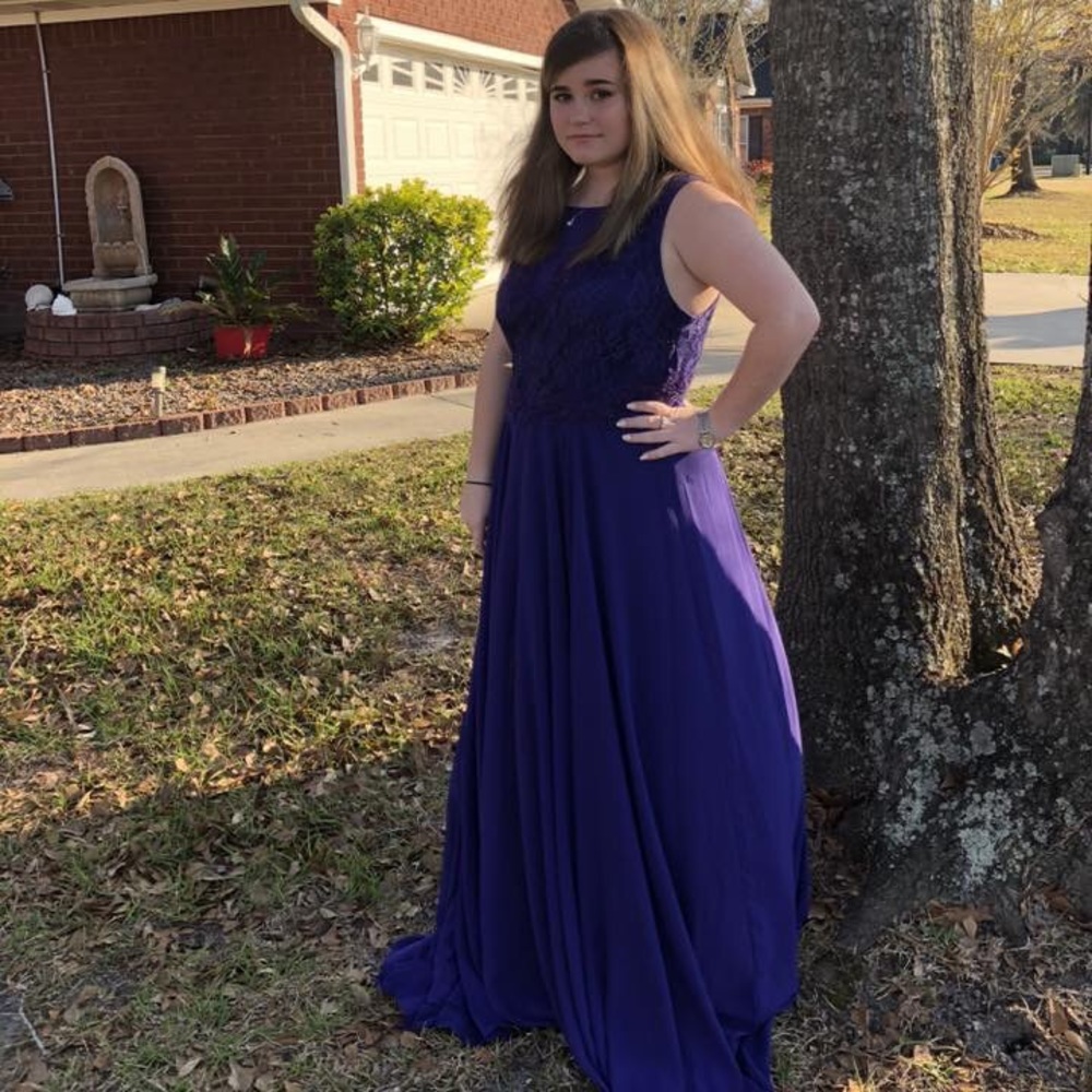 purple cap sleeve prom dress